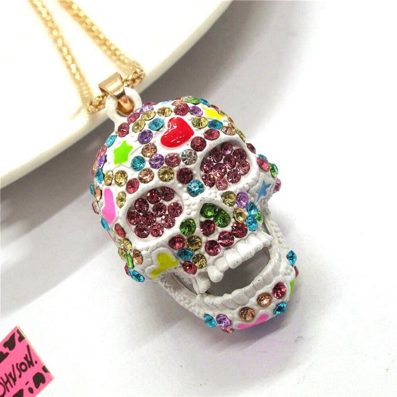 NEW Betsey Johnson Colorful Sugar Skull / Candy Skull Necklace Pendant Chain - Picture 2 of 5